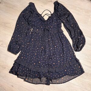 LUMIERE Navy Blue‎ Polka Dot Lace Up Ruffle Mini Dress Womens Small S